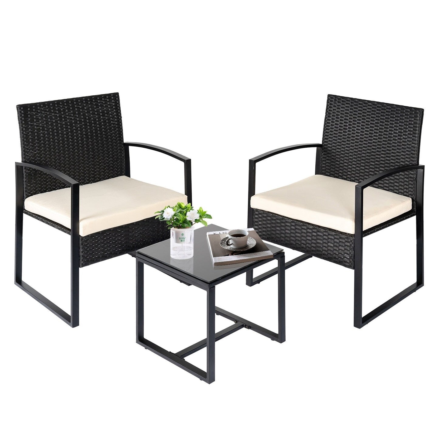 3 Piece Patio Bistro Set Outdoor Furniture Set with Glass Table, Rattan Conversation Sets for Porch Garden Balcony