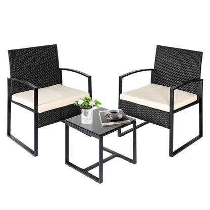 3 Piece Patio Bistro Set Outdoor Furniture Set with Glass Table, Rattan Conversation Sets for Porch Garden Balcony