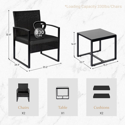 3 Piece Patio Bistro Set Outdoor Furniture Set with Glass Table, Rattan Conversation Sets for Porch Garden Balcony