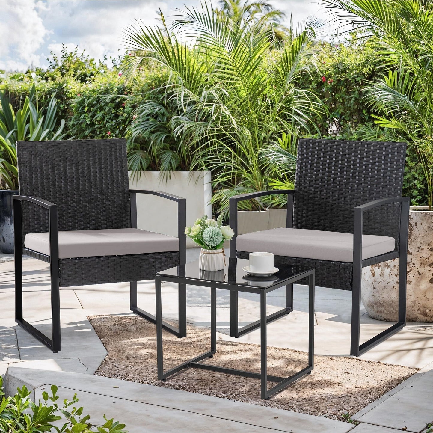 3 Piece Patio Bistro Set Outdoor Furniture Set with Glass Table, Rattan Conversation Sets for Porch Garden Balcony