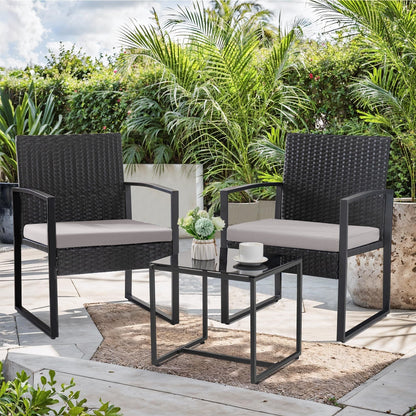 3 Piece Patio Bistro Set Outdoor Furniture Set with Glass Table, Rattan Conversation Sets for Porch Garden Balcony