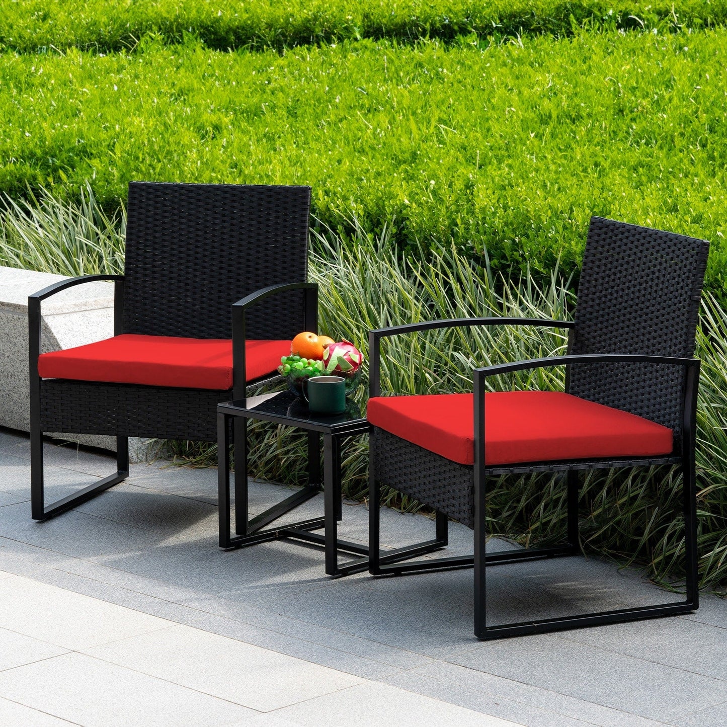 3 Piece Patio Bistro Set Outdoor Furniture Set with Glass Table, Rattan Conversation Sets for Porch Garden Balcony