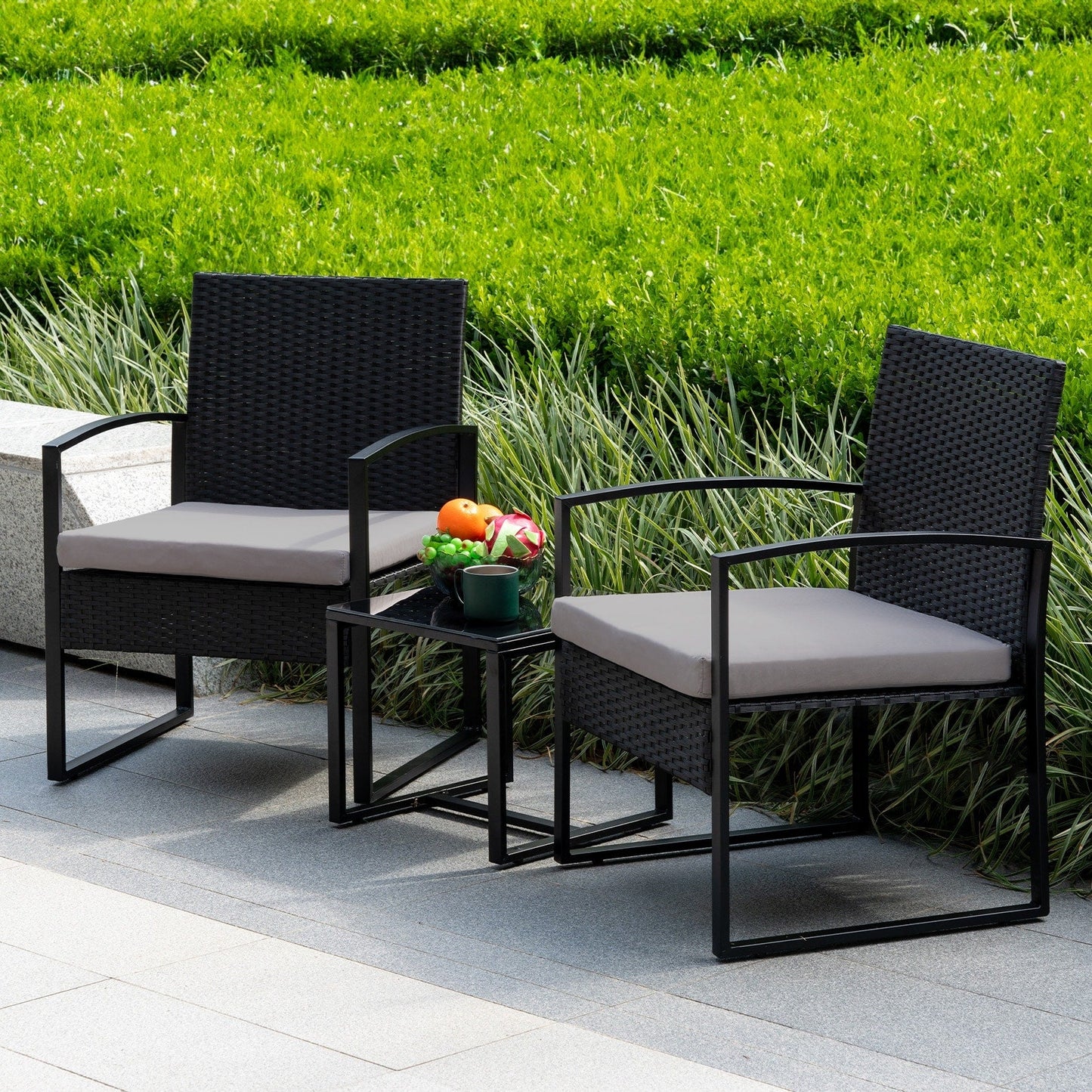 3 Piece Patio Bistro Set Outdoor Furniture Set with Glass Table, Rattan Conversation Sets for Porch Garden Balcony