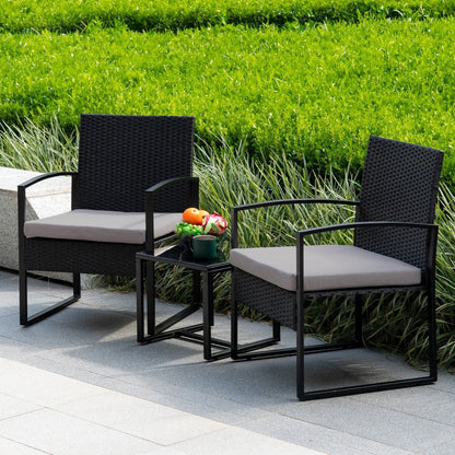 3 Piece Patio Bistro Set Outdoor Furniture Set with Glass Table, Rattan Conversation Sets for Porch Garden Balcony