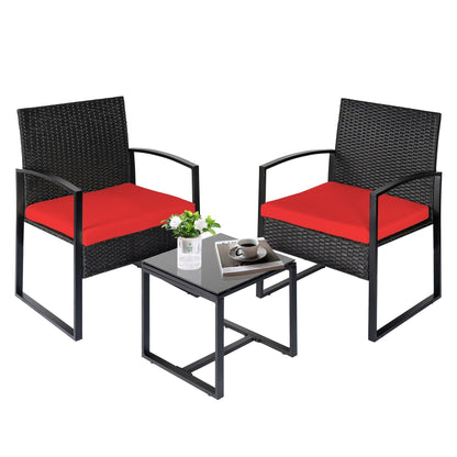 3 Piece Patio Bistro Set Outdoor Furniture Set with Glass Table, Rattan Conversation Sets for Porch Garden Balcony