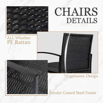 3 Piece Patio Bistro Set Outdoor Furniture Set with Glass Table, Rattan Conversation Sets for Porch Garden Balcony