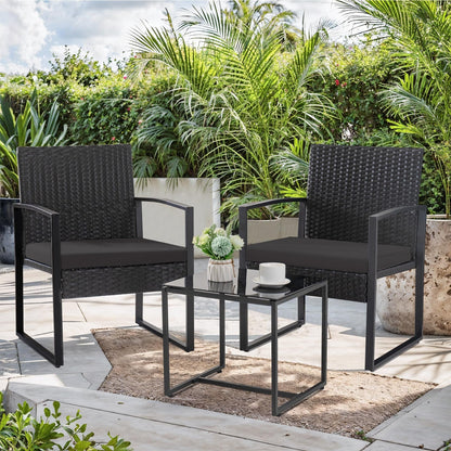 3 Piece Patio Bistro Set Outdoor Furniture Set with Glass Table, Rattan Conversation Sets for Porch Garden Balcony