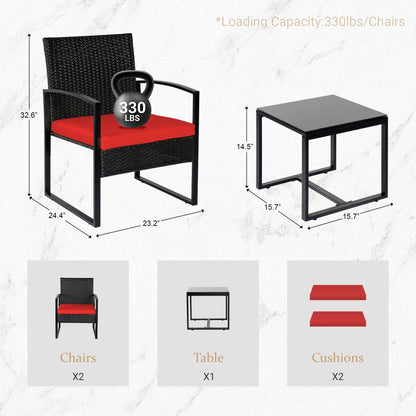 3 Piece Patio Bistro Set Outdoor Furniture Set with Glass Table, Rattan Conversation Sets for Porch Garden Balcony