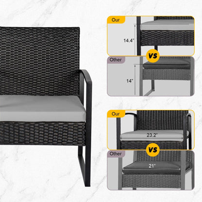 3 Piece Patio Bistro Set Outdoor Furniture Set with Glass Table, Rattan Conversation Sets for Porch Garden Balcony