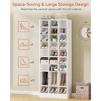 30 Pairs Tall Shoe Cabinet, 10 Tiers White Wooden Shoe Storage Rack for Closet, Entryway - 10-tier