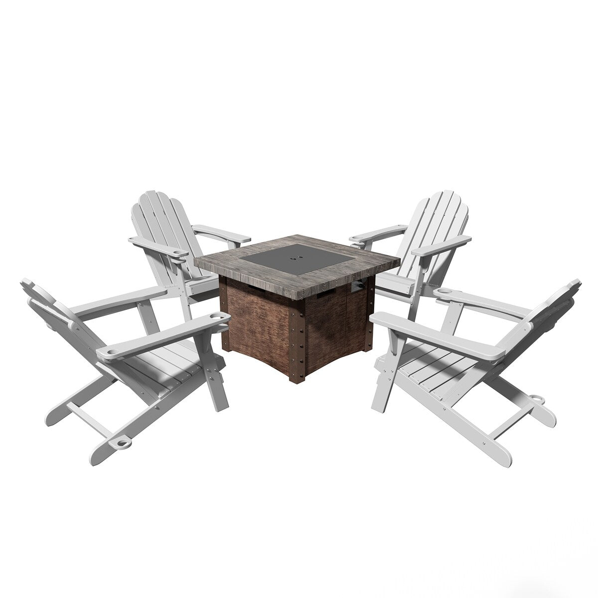 34.5 in. 5-Piece Metal Patio Fire Pit Set, Fire Pit Table and Adirondack Chairs with Cup Holder and Umbrella Holder