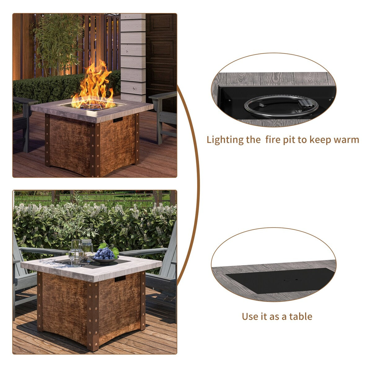 34.5 in. 5-Piece Metal Patio Fire Pit Set, Fire Pit Table and Adirondack Chairs with Cup Holder and Umbrella Holder