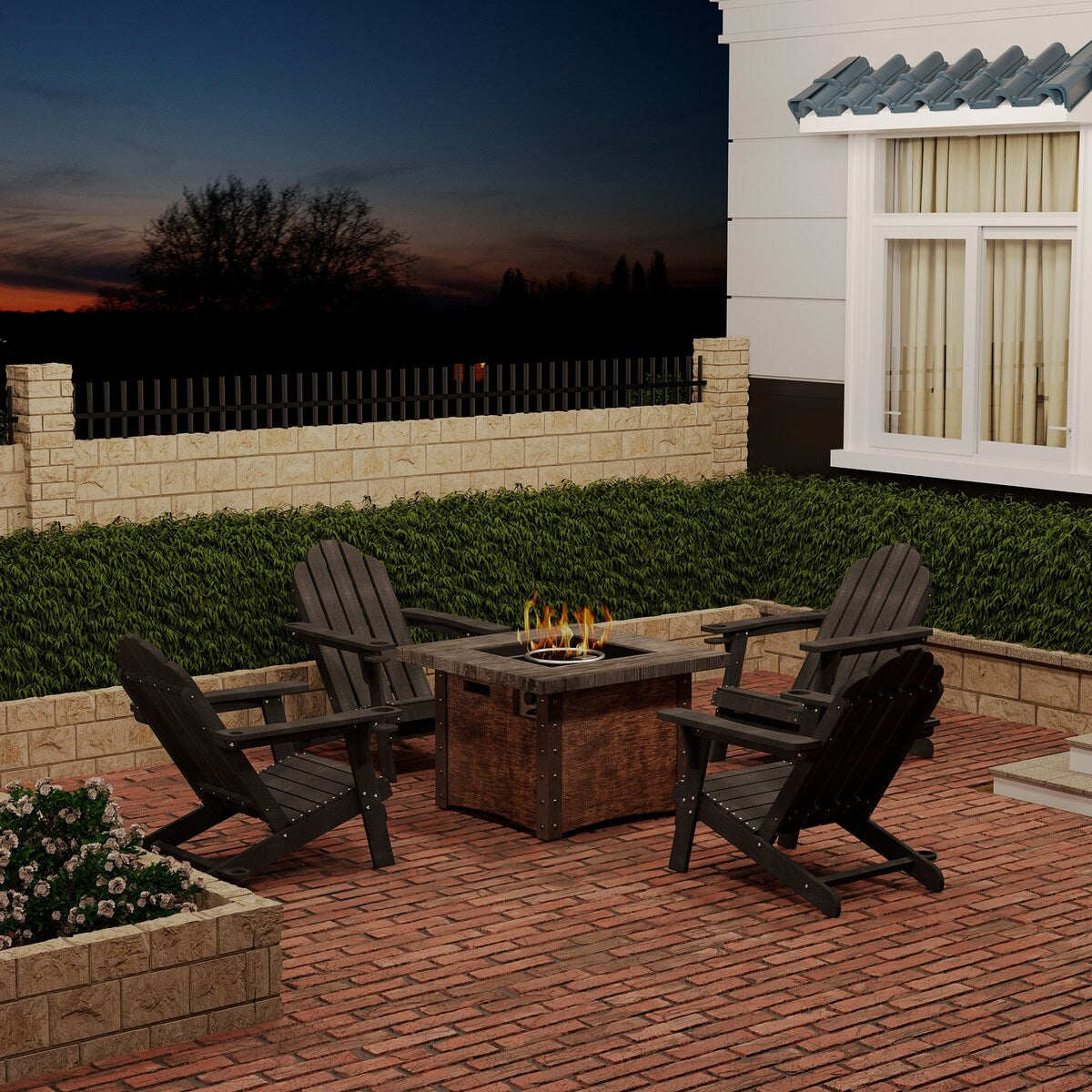 34.5 in. 5-Piece Metal Patio Fire Pit Set, Fire Pit Table and Adirondack Chairs with Cup Holder and Umbrella Holder