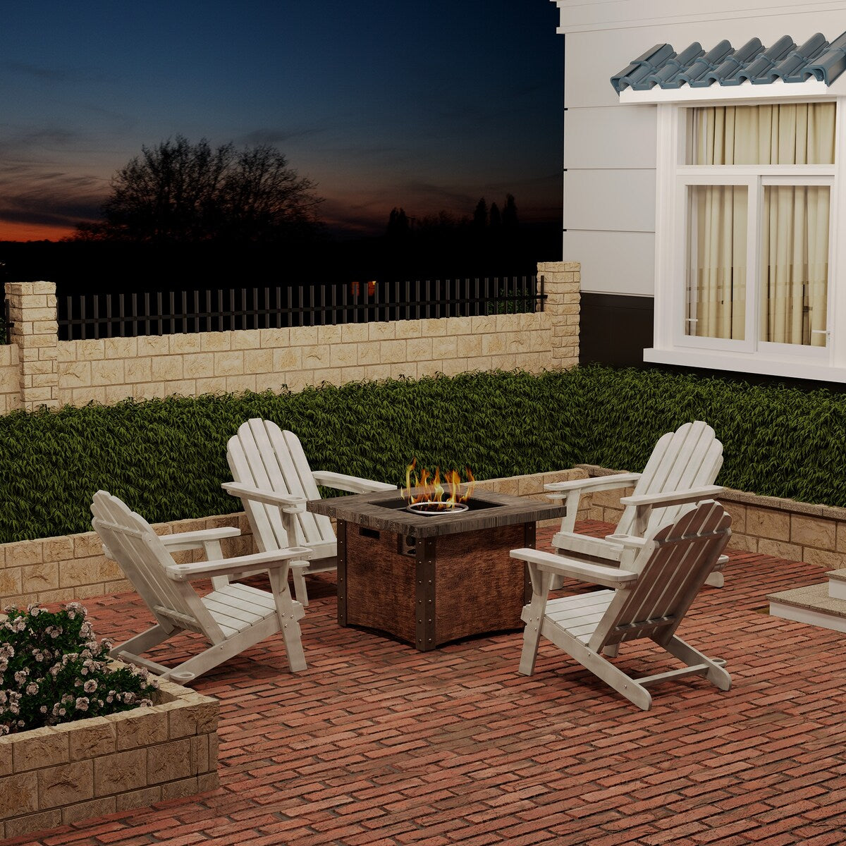 34.5 in. 5-Piece Metal Patio Fire Pit Set, Fire Pit Table and Adirondack Chairs with Cup Holder and Umbrella Holder