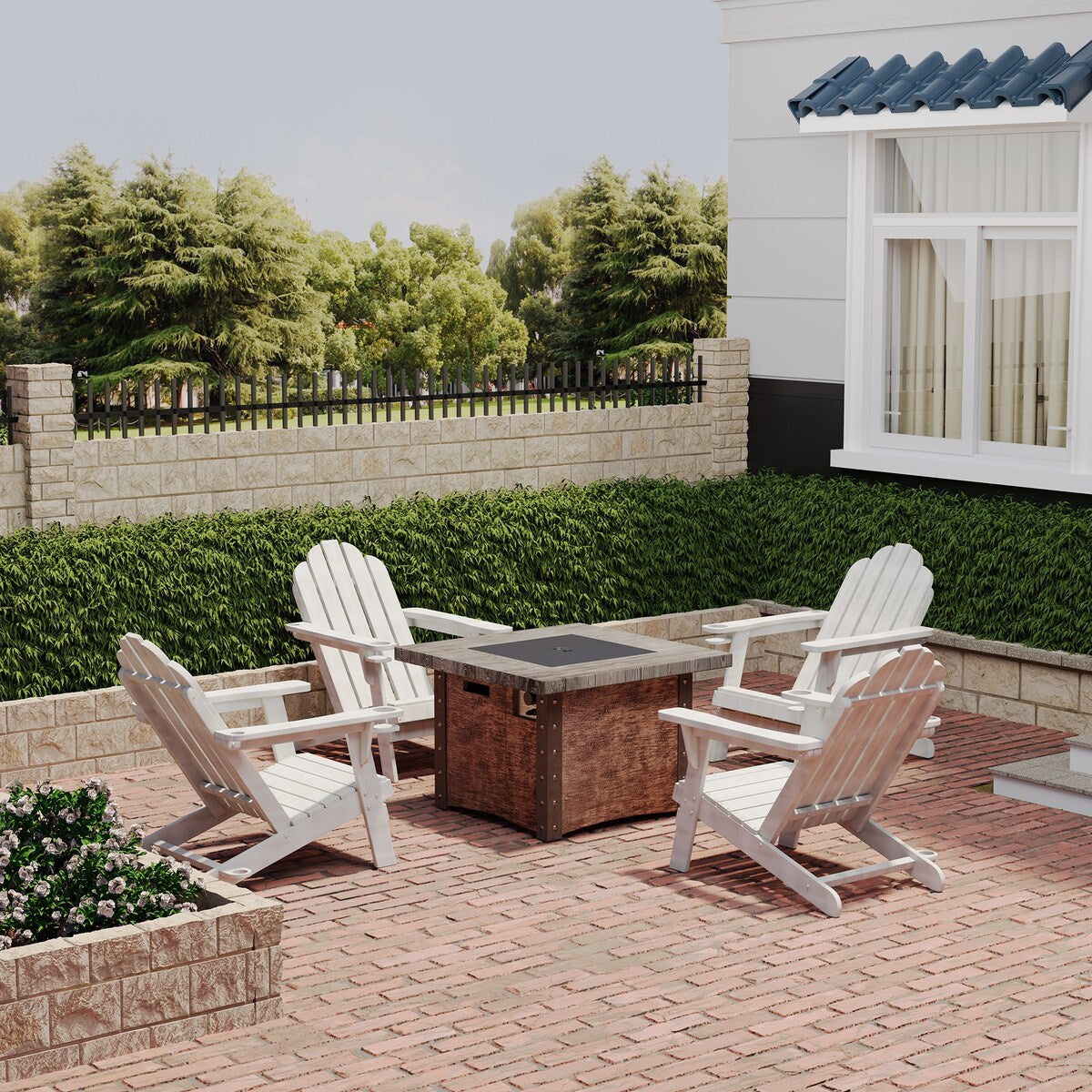 34.5 in. 5-Piece Metal Patio Fire Pit Set, Fire Pit Table and Adirondack Chairs with Cup Holder and Umbrella Holder