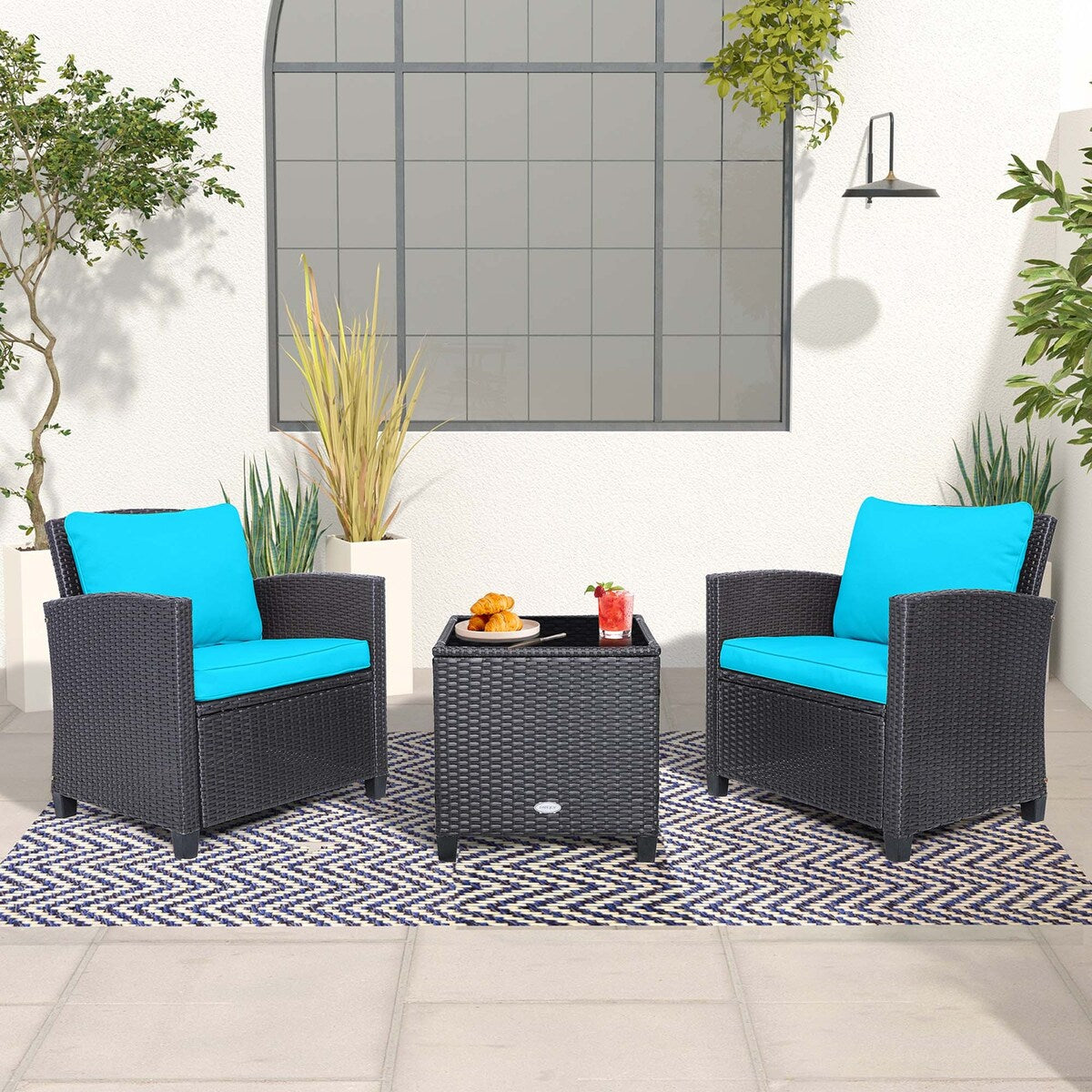 3PCS Balcony Patio Wicker Furniture Set with Cushion Covers