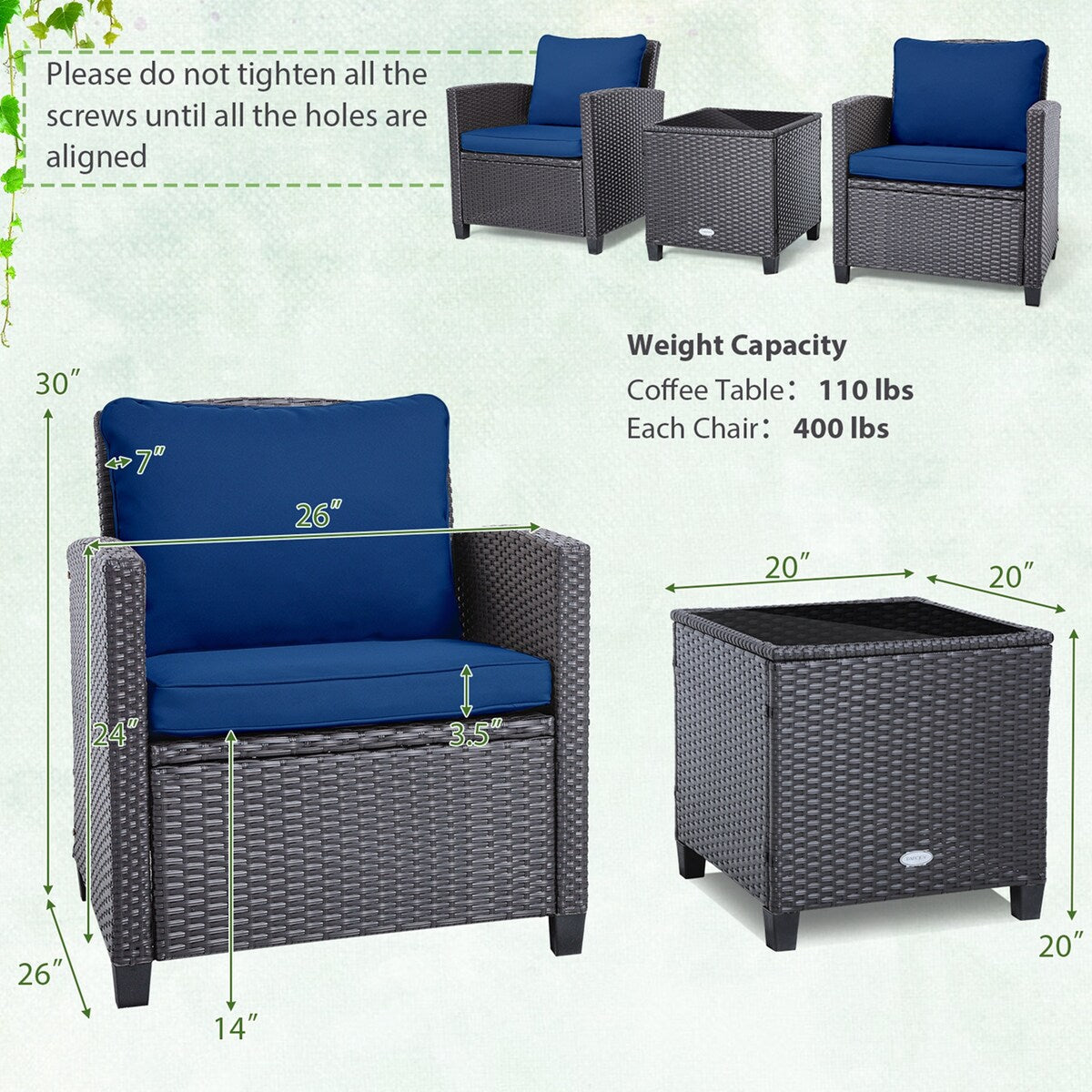 3PCS Balcony Patio Wicker Furniture Set with Cushion Covers