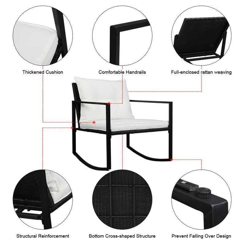 Outdoor 3-Piece Wicker Furniture Set Rocking Conversation Set with Cushions