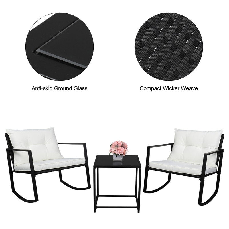 Outdoor 3-Piece Wicker Furniture Set Rocking Conversation Set with Cushions