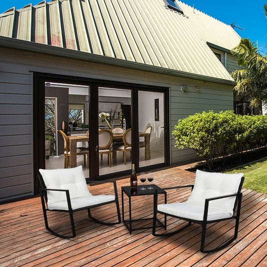 Outdoor 3-Piece Wicker Furniture Set Rocking Conversation Set with Cushions
