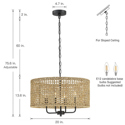 4-Light Bohemian Hand Woven Drum Chandelier - Straw - 20 in. W