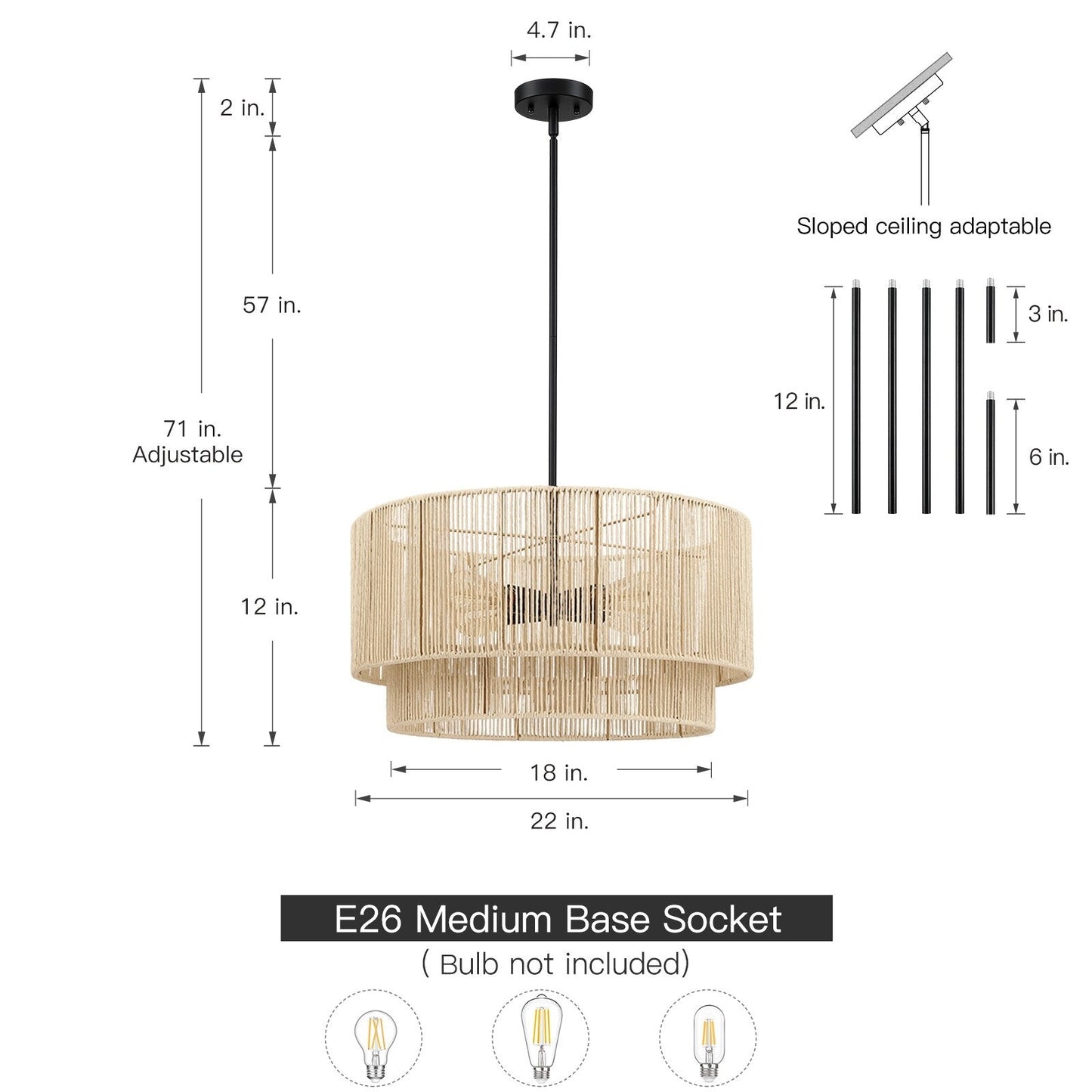 4-Light Rattan Tiered Drum Chandelier Light with Black Canopy - 22'' W