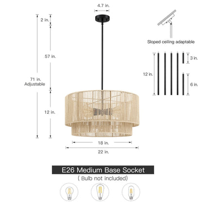 4-Light Rattan Tiered Drum Chandelier Light with Black Canopy - 22'' W