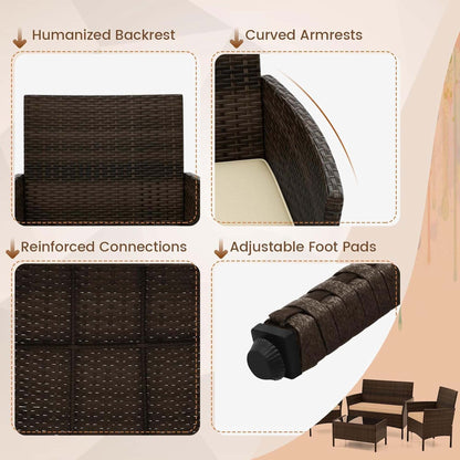 4 PCS Outdoor Rattan Conversation Set Patio Wicker Furniture Set