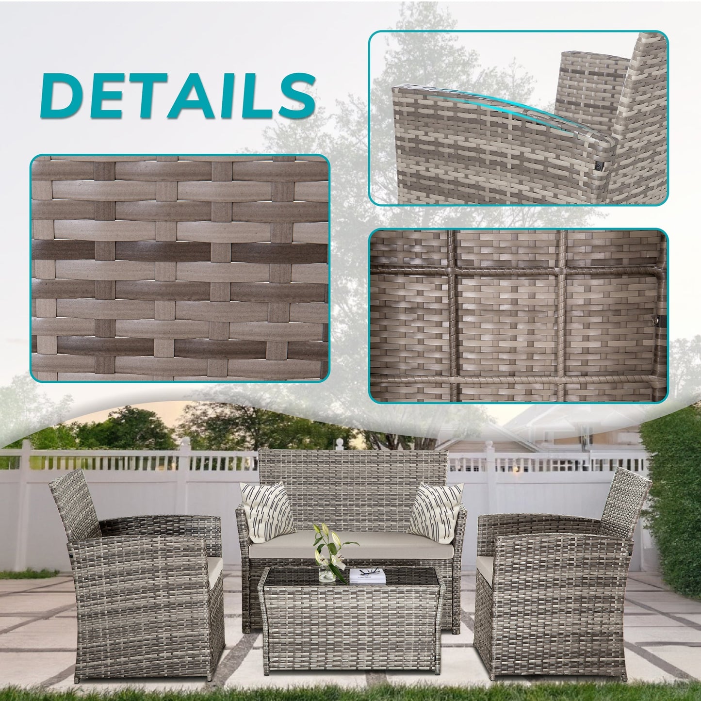 4 PCS Wicker Patio Conversation Set Rattan Seating Sofa Chair