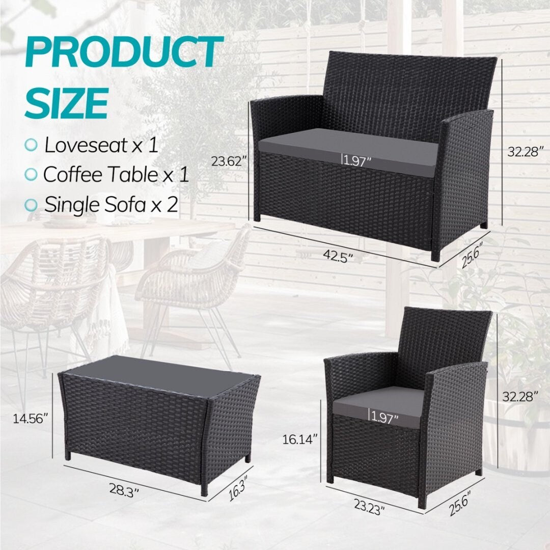 4 PCS Wicker Patio Conversation Set Rattan Seating Sofa Chair