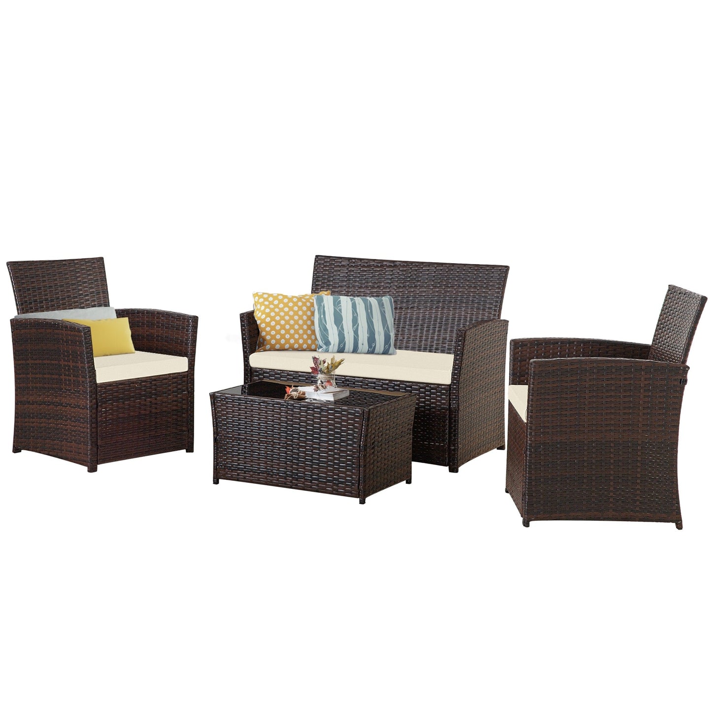 4 PCS Wicker Patio Conversation Set Rattan Seating Sofa Chair