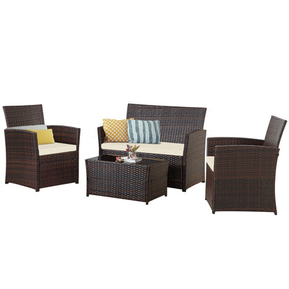 4 PCS Wicker Patio Conversation Set Rattan Seating Sofa Chair