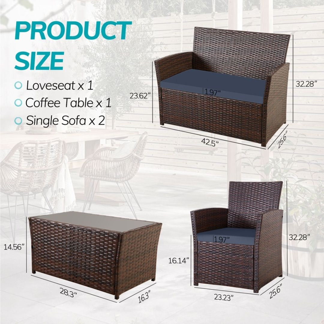 4 PCS Wicker Patio Conversation Set Rattan Seating Sofa Chair