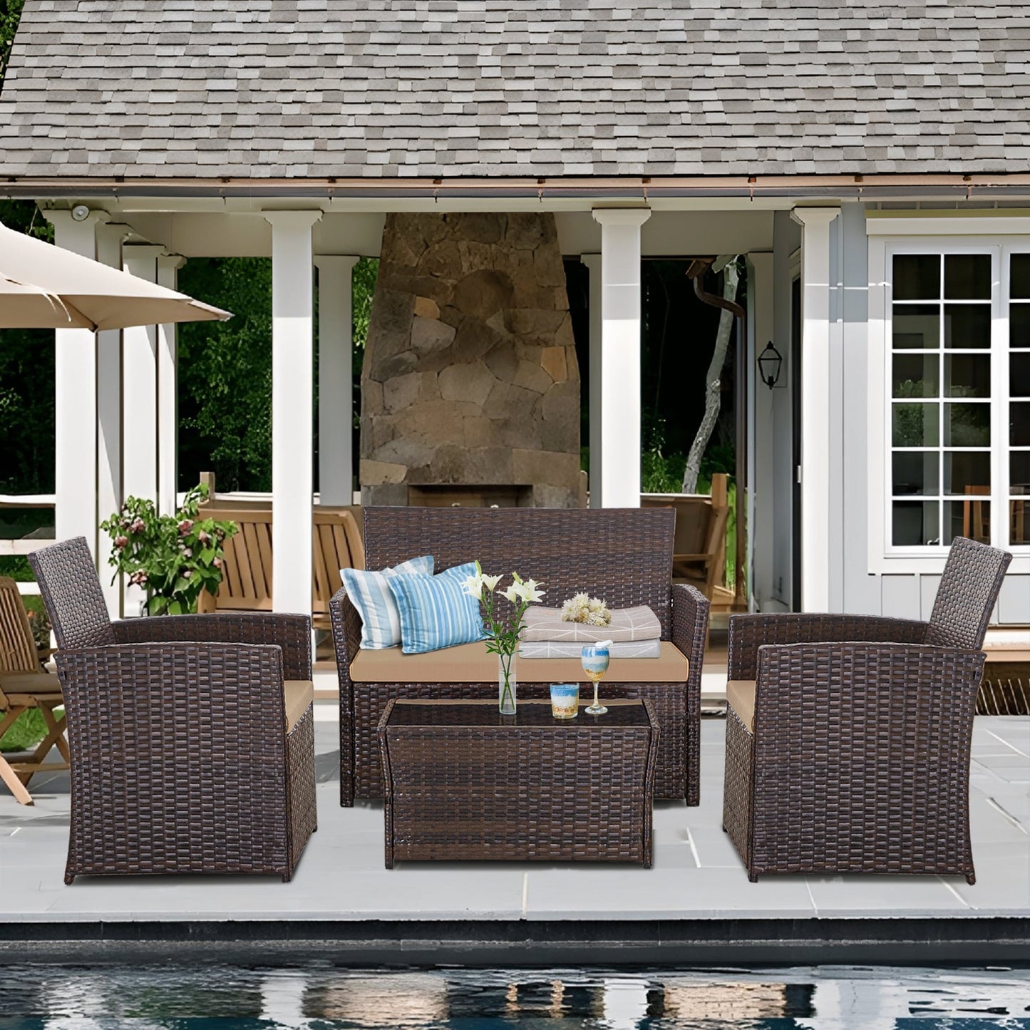 4 PCS Wicker Patio Conversation Set Rattan Seating Sofa Chair