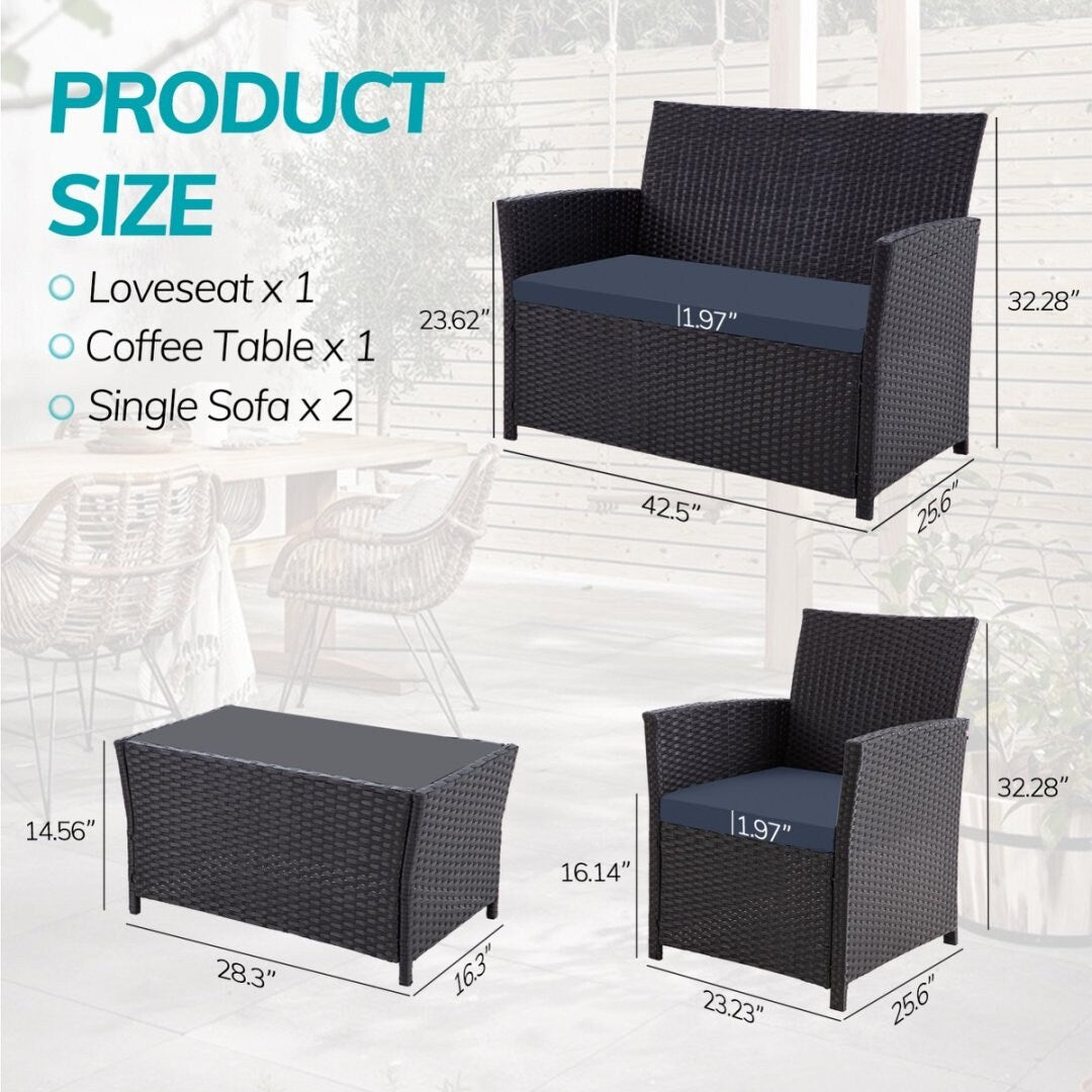 4 PCS Wicker Patio Conversation Set Rattan Seating Sofa Chair