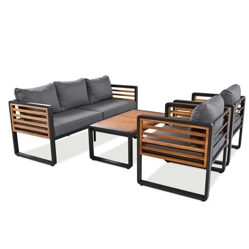 4-Piece Outdoor Patio Furniture Set Bistro Set, Patio Conversation Set w/ Coffee Table & Removable Cushion, Outdoor Seating Set