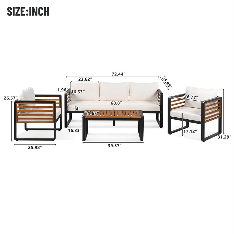 4-Piece Outdoor Patio Furniture Set Bistro Set, Patio Conversation Set w/ Coffee Table & Removable Cushion, Outdoor Seating Set