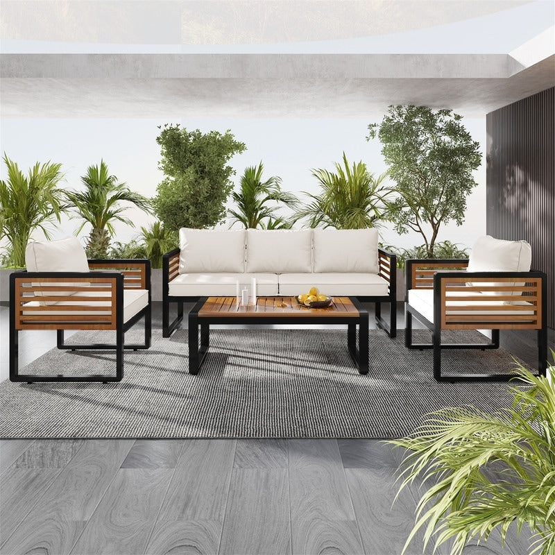 4-Piece Outdoor Patio Furniture Set Bistro Set, Patio Conversation Set w/ Coffee Table & Removable Cushion, Outdoor Seating Set