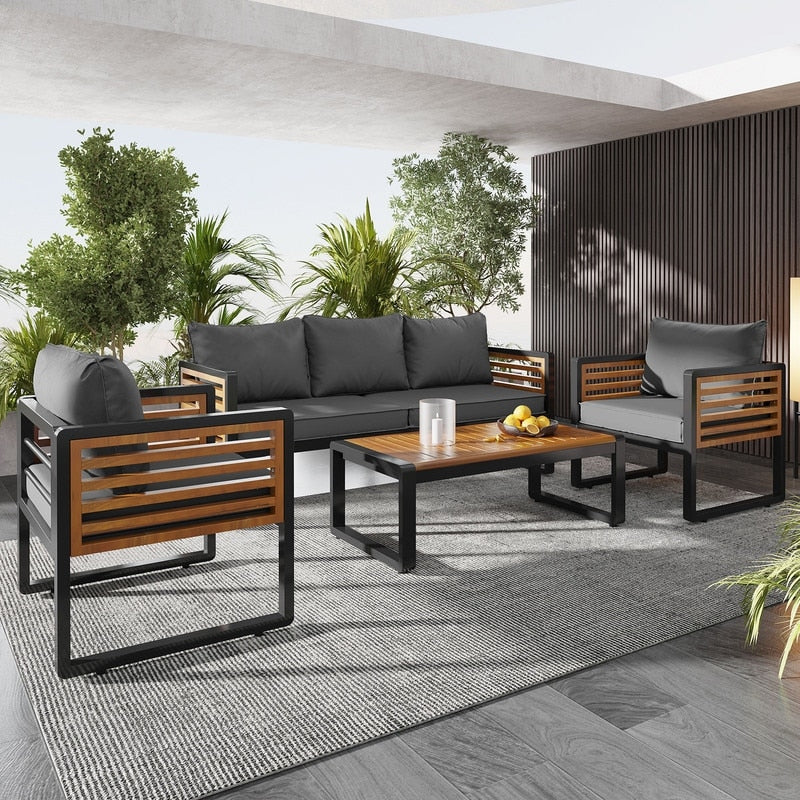 4-Piece Outdoor Patio Furniture Set Bistro Set, Patio Conversation Set w/ Coffee Table & Removable Cushion, Outdoor Seating Set
