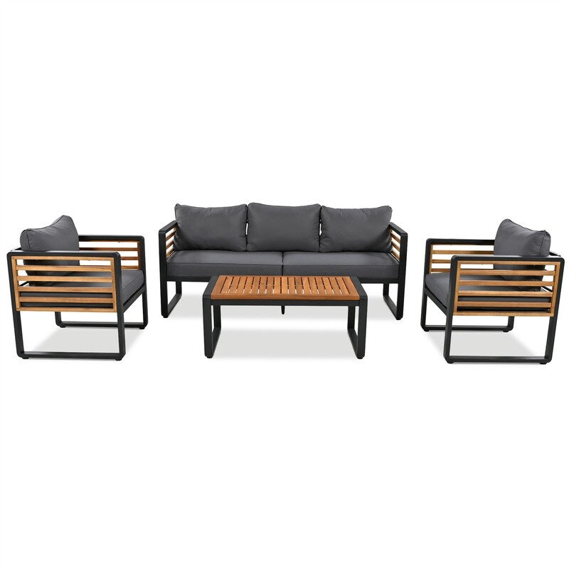 4-Piece Outdoor Patio Furniture Set Bistro Set, Patio Conversation Set w/ Coffee Table & Removable Cushion, Outdoor Seating Set