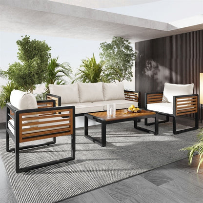4-Piece Outdoor Patio Furniture Set Bistro Set, Patio Conversation Set w/ Coffee Table & Removable Cushion, Outdoor Seating Set