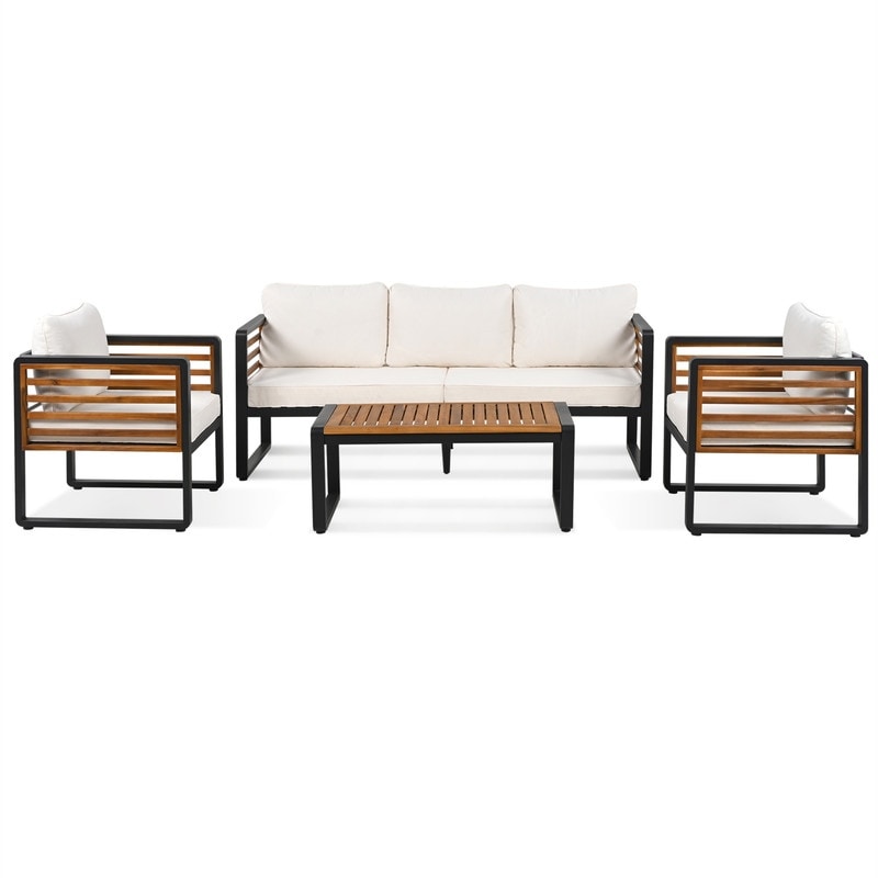 4-Piece Outdoor Patio Furniture Set Bistro Set, Patio Conversation Set w/ Coffee Table & Removable Cushion, Outdoor Seating Set