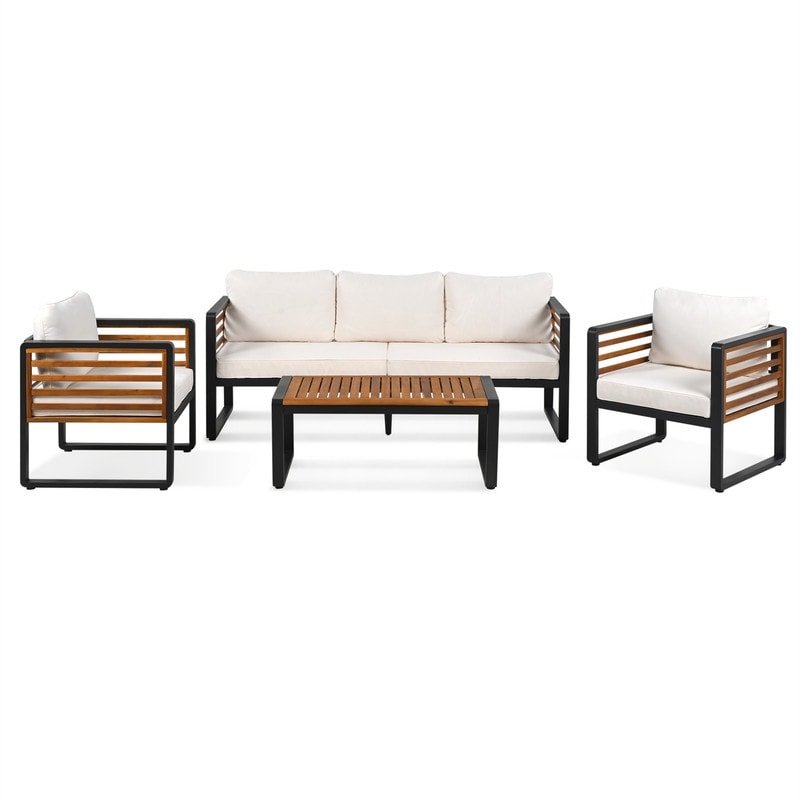 4-Piece Outdoor Patio Furniture Set Bistro Set, Patio Conversation Set w/ Coffee Table & Removable Cushion, Outdoor Seating Set