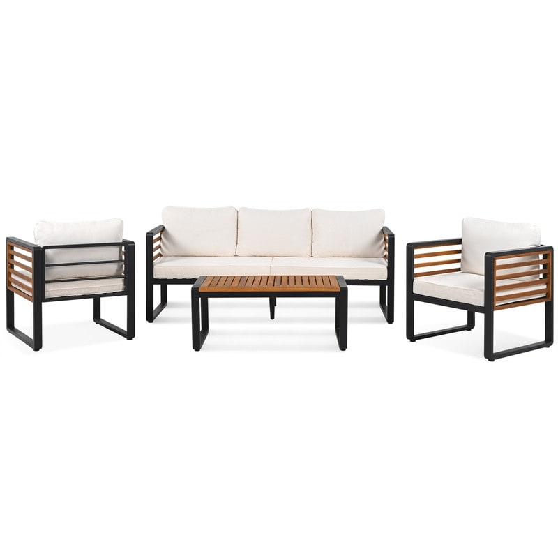4-Piece Outdoor Patio Furniture Set Bistro Set, Patio Conversation Set w/ Coffee Table & Removable Cushion, Outdoor Seating Set