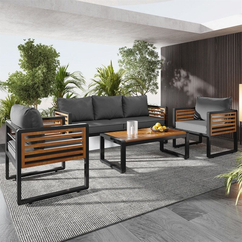 4-Piece Outdoor Patio Furniture Set Bistro Set, Patio Conversation Set w/ Coffee Table & Removable Cushion, Outdoor Seating Set