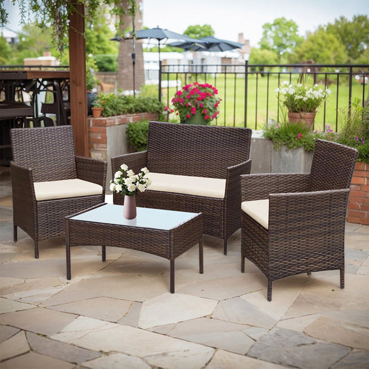 4 Piece Outdoor Patio Furniture Set With Cushions, Patio Wicker Conversation Set & Glass Coffee Table