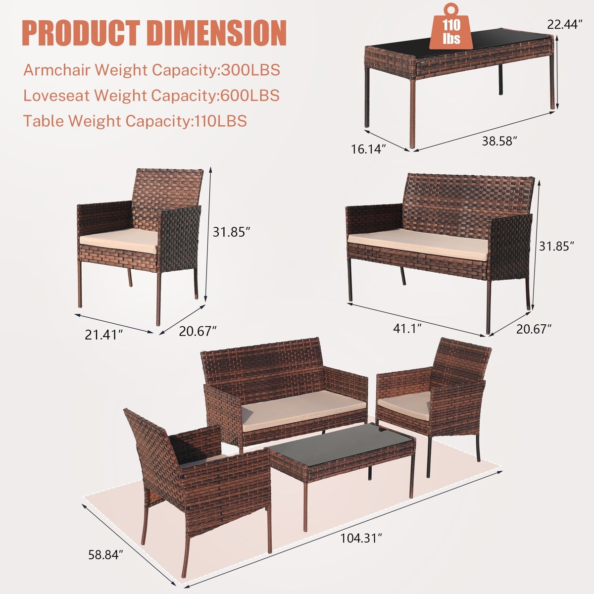 4-Piece Outdoor Patio Wicker Furniture Set w/Table,Loveseat,2Chairs
