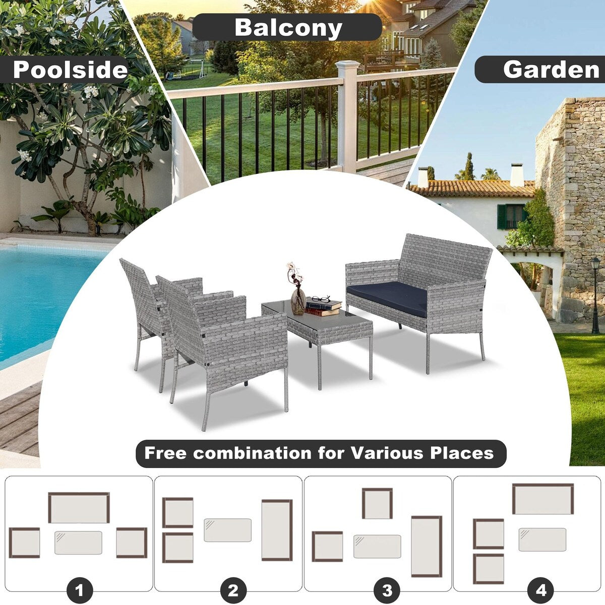 4-Piece Outdoor Patio Wicker Furniture Set w/Table,Loveseat,2Chairs