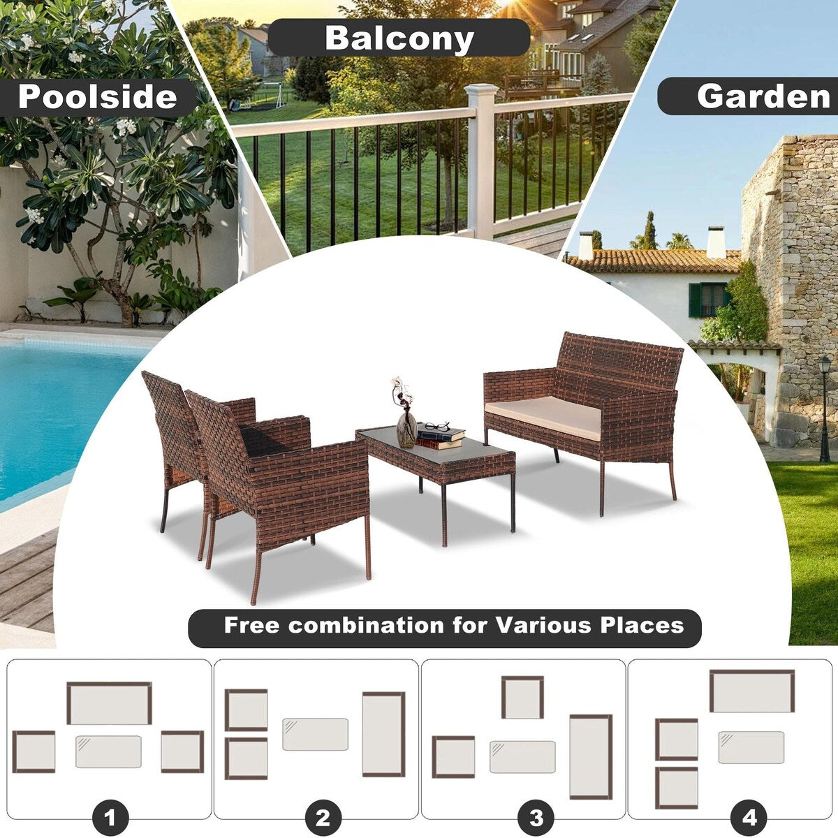 4-Piece Outdoor Patio Wicker Furniture Set w/Table,Loveseat,2Chairs