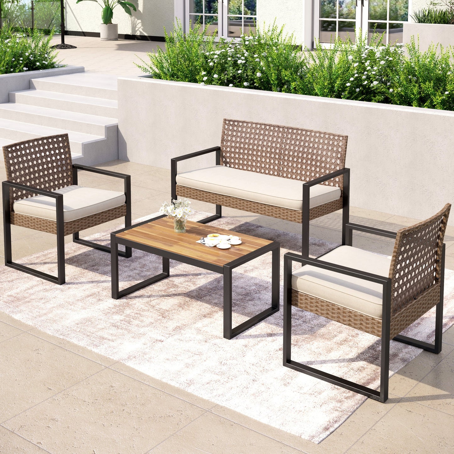 4-Piece Patio Furniture Wicker Outdoor Bistro Set, All-Weather Rattan Wood Conversation Set with Soft Cushions by Havenside Home